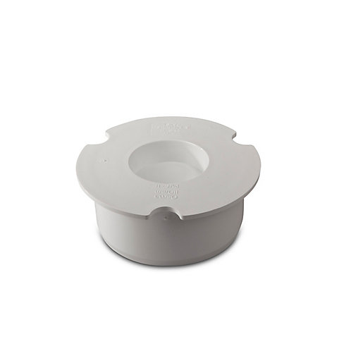 Plain-ended socket plug in white, made of durable plastic, featuring a smooth surface and a central opening, designed for use with Wavin OsmaSoil drainage systems.