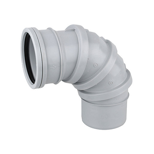 Grey 90° adjustable bend pipe made of durable plastic, featuring a smooth surface and a 110mm diameter for efficient drainage solutions.
