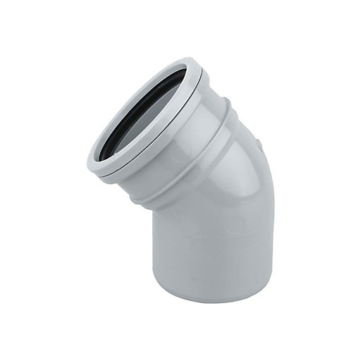 Grey 110mm OsmaSocket 45° seal socket bend made of durable plastic, featuring a smooth curved design and a rubber seal for secure connections.
