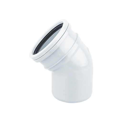 White 45-degree ring seal bend pipe fitting, 110mm diameter, made of durable plastic, featuring a smooth surface and a black rubber seal for secure connections.