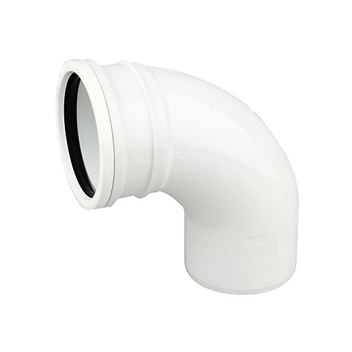 White PVC ring seal bend with an 87.5-degree angle and a 110mm diameter, featuring a smooth finish and a black rubber seal for secure connections.
