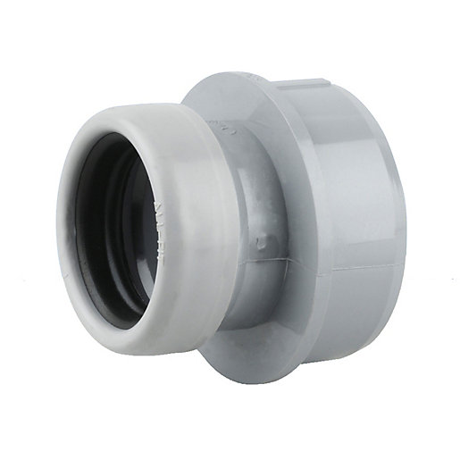 Grey 32mm socket adaptor made of durable plastic, featuring a smooth exterior and a black rubber seal for a secure fit.