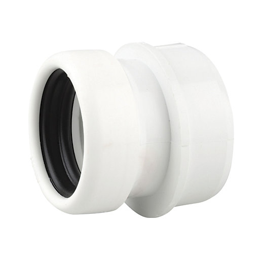White plastic OsmaSoil 2S399W Ring Seal Boss Adaptor, 110 x 40mm, featuring a smooth exterior and a black rubber seal for secure connections.