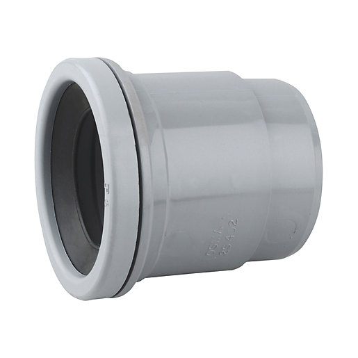 Grey 50mm single socket boss adaptor made of durable plastic, featuring a smooth exterior and rubber seal for a secure fit.
