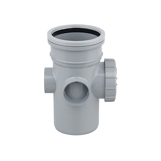 Grey 110mm access pipe with a single socket and bossed side outlet, made of durable plastic, featuring a smooth finish and a threaded cap for secure sealing.
