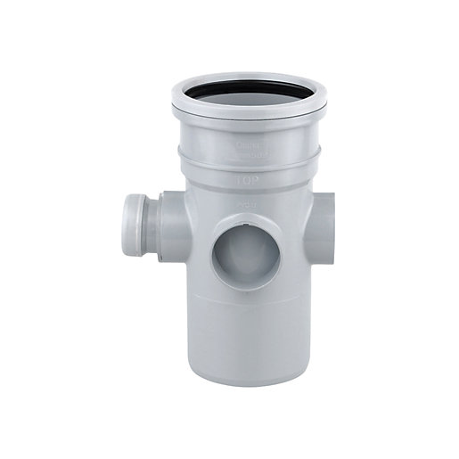 OsmaSoil Ring Seal System Bossed Pipe in 110mm diameter, made of grey plastic, featuring a central opening and side outlet for drainage applications.