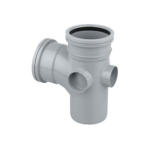 Grey 90° seal soil branch fitting, 110mm diameter, made from durable plastic with a smooth finish and multiple connection points for efficient drainage.