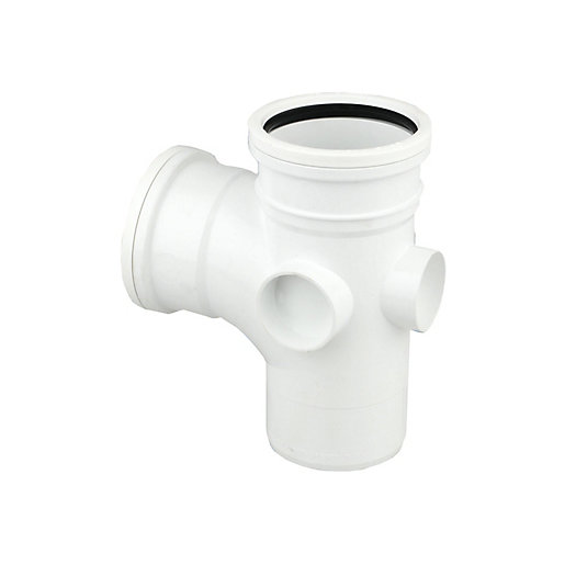 White OsmaSoil 4S190W ring seal single branch fitting with an 87.5-degree angle and 110mm diameter, made from durable plastic, featuring a smooth finish and multiple connection points.