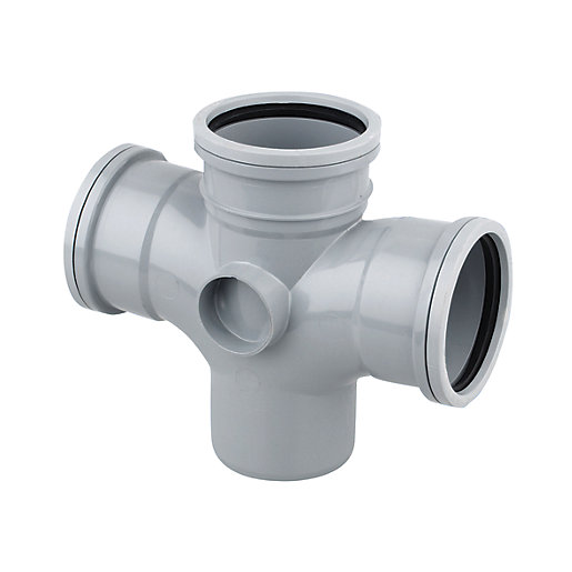 Wavin OsmaSoil S/S Double Branch fitting in grey, made from durable plastic, featuring two 110mm connections and one 90mm branch for efficient drainage.