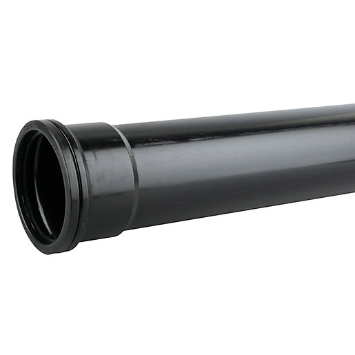 Black 110mm soil pipe made of durable plastic, measuring 2 meters in length, featuring a smooth surface and a socketed end for easy connection.