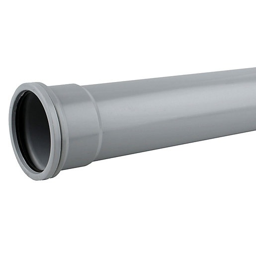 Grey 110mm diameter Wavin OsmaSoil S/S pipe, made of durable plastic, measuring 2 meters in length, featuring a smooth finish and a tapered end for easy connection.