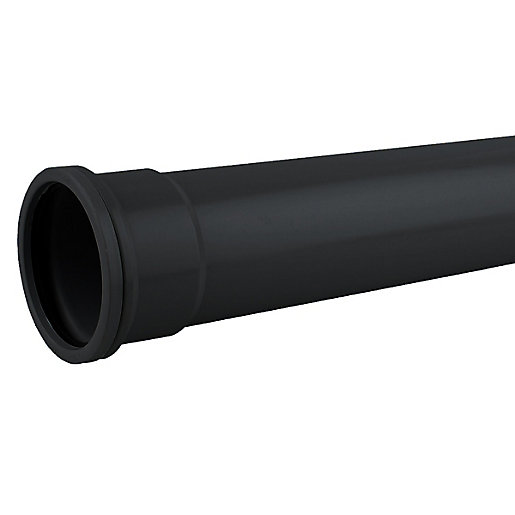 Black 82mm diameter Wavin OsmaSoil S/S pipe, 3 meters long, made of durable plastic with a smooth finish and a slightly flared end for secure connections.