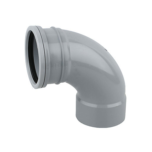 Grey 110mm single socket weld bend with a smooth, curved design, made from durable plastic, featuring a rubber sealing ring for secure connections.