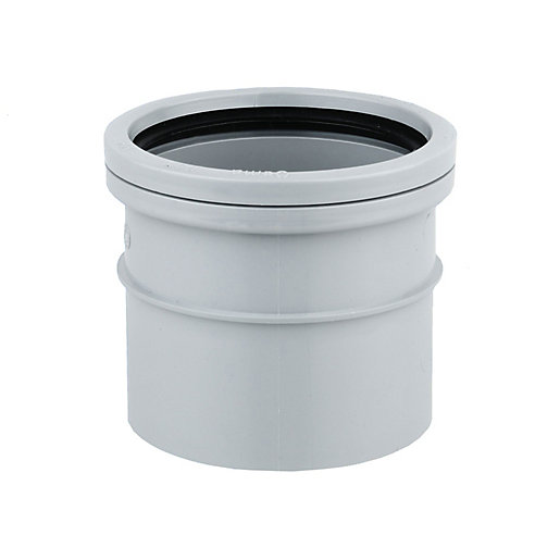Grey 110mm solvent-welded single socket pipe fitting with a smooth exterior and a rubber sealing ring for secure connections, made from durable plastic material.