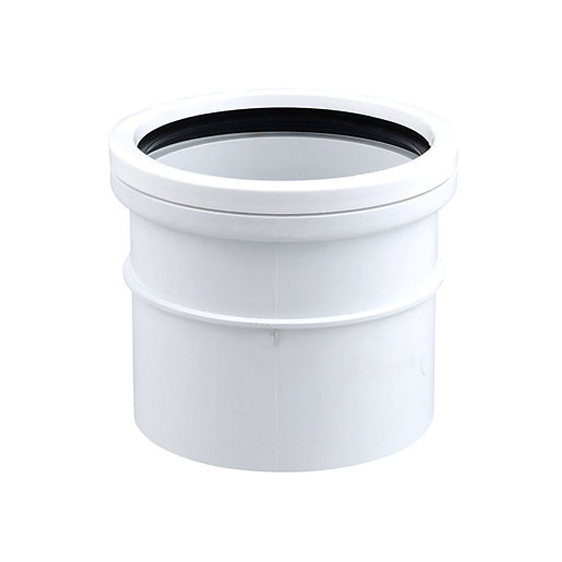 White 110mm diameter ring seal/solvent weld single socket pipe fitting with a smooth exterior and a black rubber seal visible at the top edge.