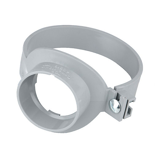 Grey plastic strap boss for 110mm pipes, featuring a circular opening, adjustable clamp, and a securing screw for easy installation.