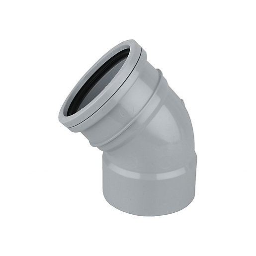 Grey 45° bend pipe fitting made from durable plastic, featuring a ring-seal design for secure connections, with a 110mm diameter.