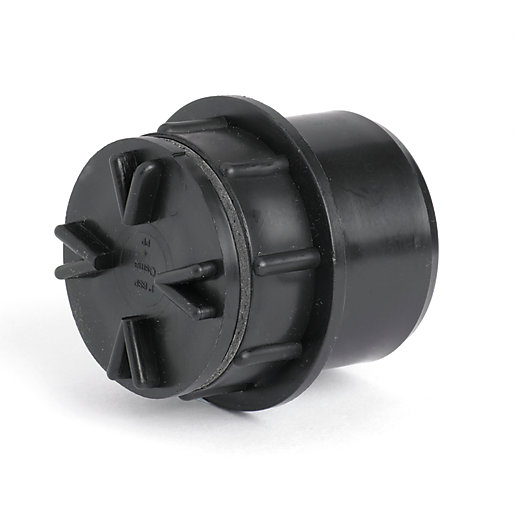 Black plastic access plug with a 90-degree angle, featuring a 40mm diameter and ribbed edges for secure fitting, designed for plumbing applications.