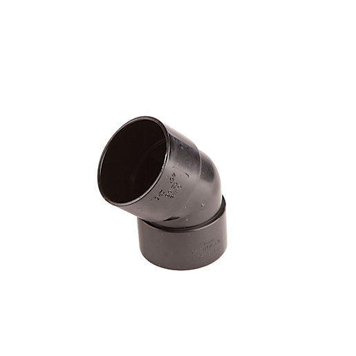 Black 45-degree bend pipe fitting, 32mm diameter, made of durable plastic, featuring a smooth interior for efficient flow, designed for plumbing applications.