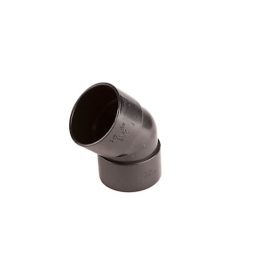 Black 45-degree bend pipe fitting with a 40mm diameter, made of durable plastic, featuring smooth edges and a curved design for easy plumbing connections.
