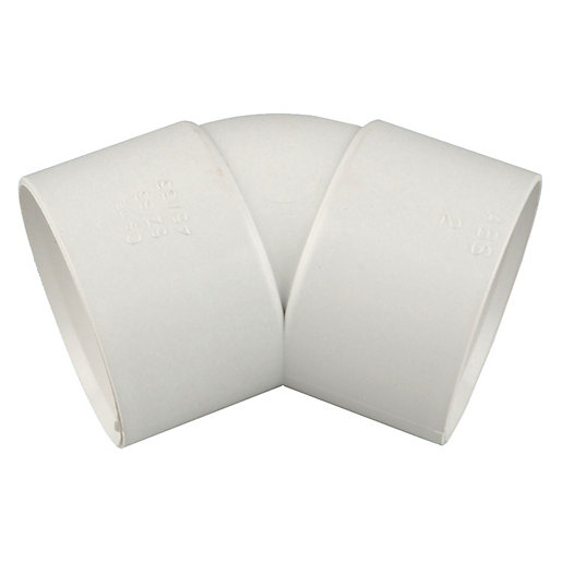 White PVC bend fitting, 45 degrees, with a 50mm diameter, featuring smooth edges and a sturdy design, ideal for plumbing applications.