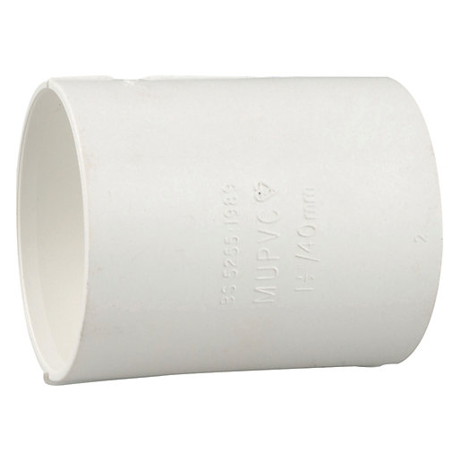 White PVC double socket fitting with a 50mm diameter, featuring smooth surfaces and embossed markings for specifications.