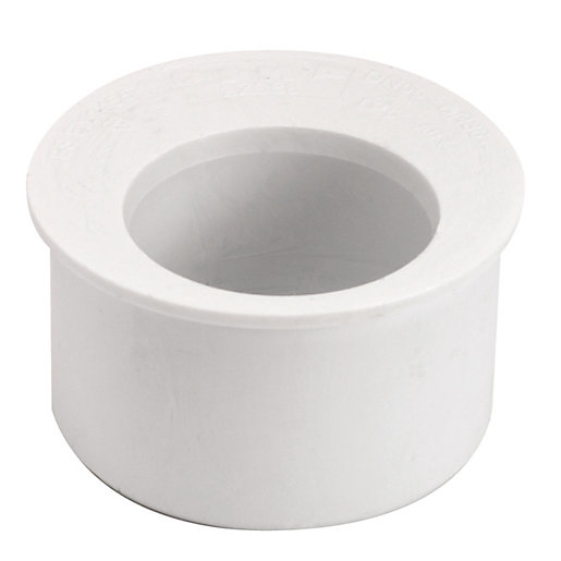 White PVC level invert reducer, 50 x 32mm, featuring a smooth finish and circular design, labeled with product details on the rim.