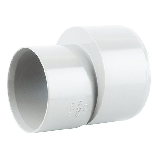 White PVC level invert reducer, 50mm to 40mm, featuring a smooth, shiny surface and a tapered design for seamless pipe connections.