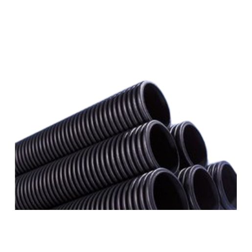Black unperforated Wavin TwinWall 150mm plain ended pipe, 6 meters long, featuring a smooth, ribbed exterior and multiple pipes stacked together.