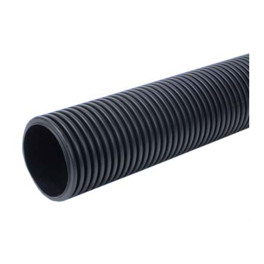 Black unperforated Wavin TwinWall pipe, 300mm diameter, 6m length, featuring a smooth plain end and ribbed exterior for strength and durability.