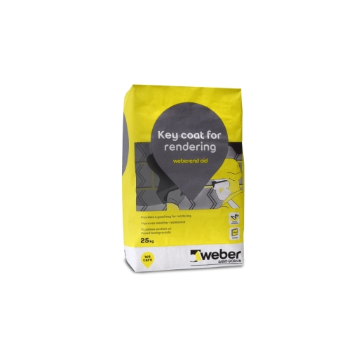 Yellow and grey 25kg bag of Weberend Aid, featuring a prominent label stating "Key coat for rendering" with icons for easy mixing and application instructions.