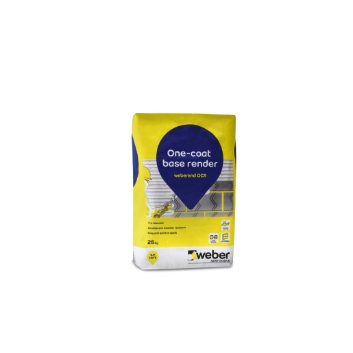 Yellow and blue 25kg bag of Weberend OCR One Coat Base Render, featuring a textured surface pattern and clear branding with application details on the front.