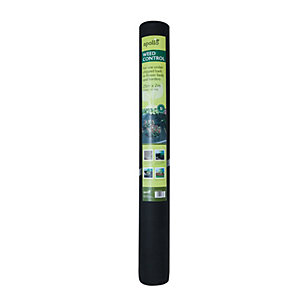 Black landscape fabric roll, 25m x 2m, featuring a green and white label with product details and images, designed for effective weed control in gardening.