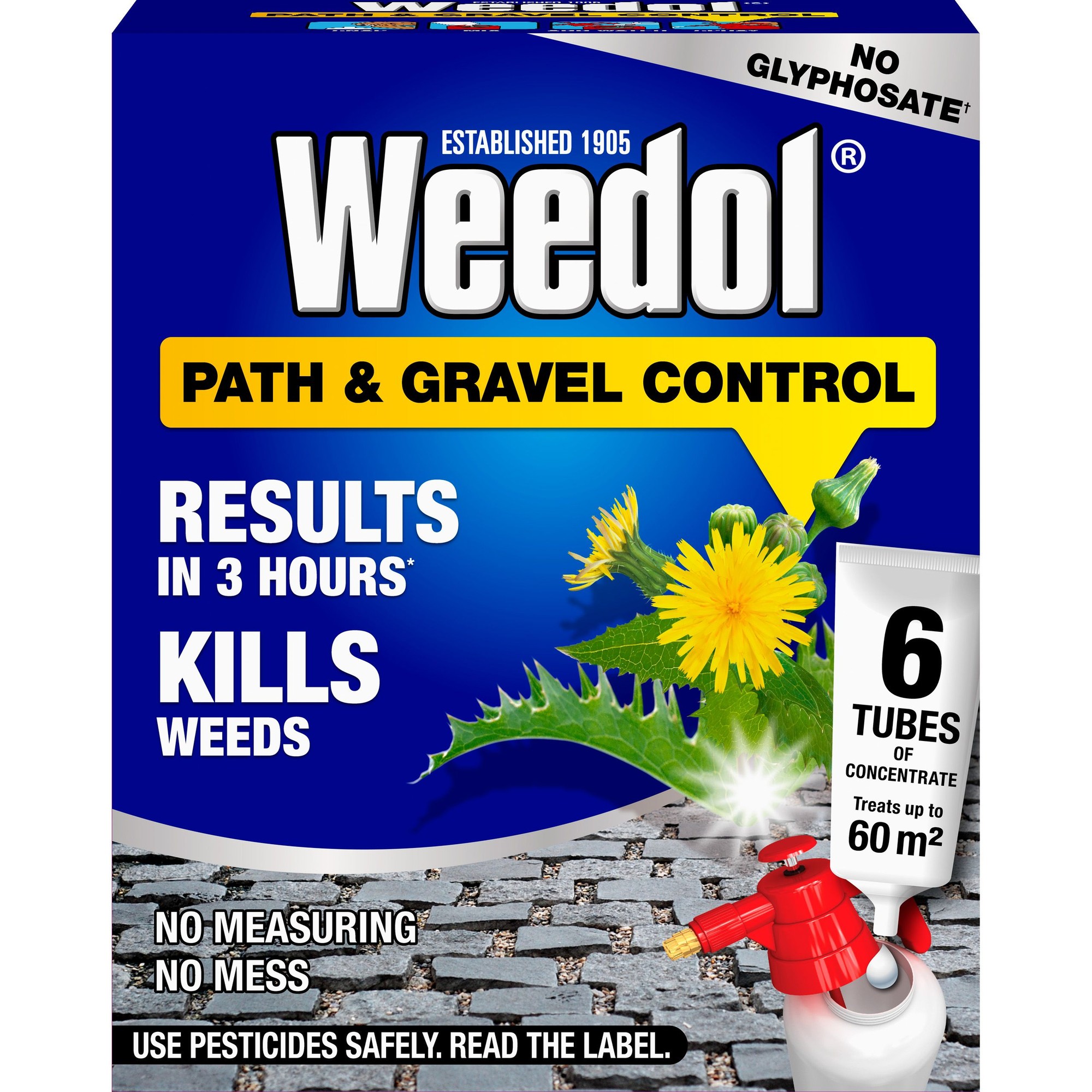 Weedol Path & Gravel Weedkiller in a blue box, 5L, features a red power sprayer, highlights "kills weeds" and "results in 3 hours," with dandelion graphics and usage instructions.