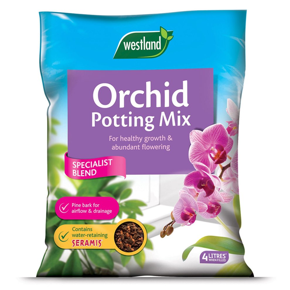 Purple bag of Westland Orchid Potting Mix, 4L, featuring a white orchid graphic, text highlighting "Specialist Blend," and details about pine bark and water-retaining Seramis.