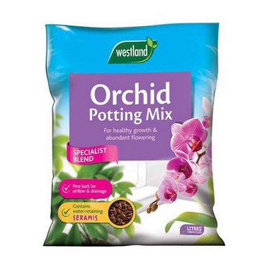 Bright blue bag of Westland Orchid Potting Mix, featuring purple text and images of pink orchids, labeled as enriched with Seramis, 8 litres, designed for healthy growth and drainage.