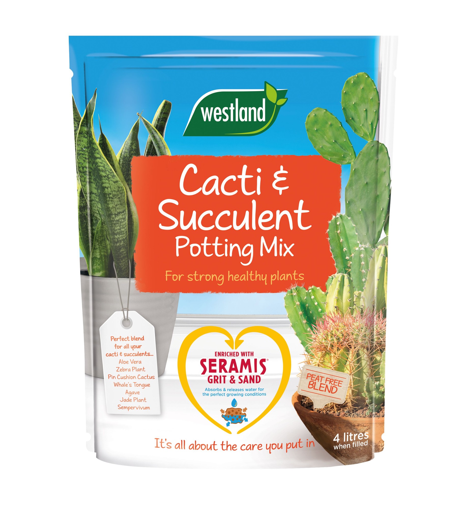 Brightly colored packaging featuring "Cacti & Succulent Potting Mix" in bold red text, with images of cacti and succulents, and details about being peat-free and enriched with grit and sand.
