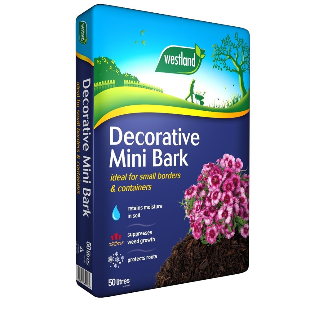 Westland Decorative Mini Bark, 50L bag featuring a vibrant blue design, with images of pink flowers, green landscape, and text highlighting moisture retention and weed suppression.
