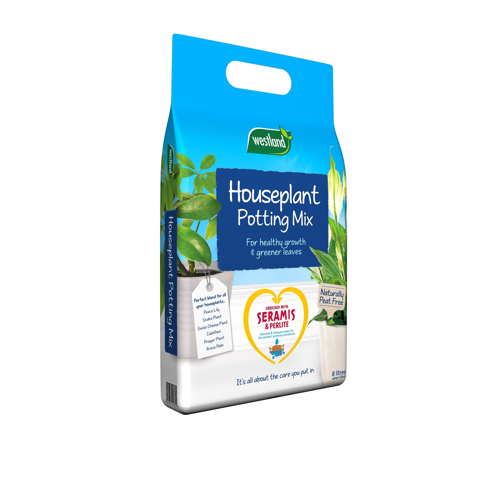 Westland Houseplant Potting Mix in an 8L bag, featuring a vibrant green and blue design with a handle, labeled as peat-free and enriched with Seramis and Perlite for healthy plant growth.