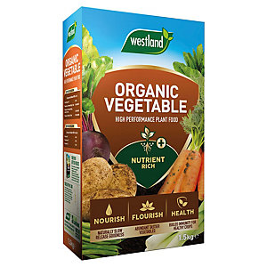Westland Organic Vegetable High Performance Plant Food in a 1.5kg cardboard box, featuring a green and brown design with images of vegetables and text highlighting its nutrient-rich formula.