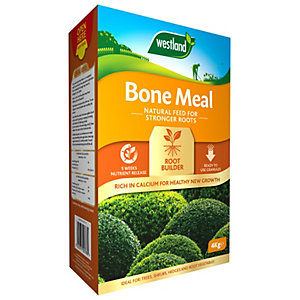 Westland Bone Meal Garden Fertiliser 4kg package features a vibrant orange and green design, highlighting key benefits like "Root Builder" and "Natural Feed for Stronger Roots."