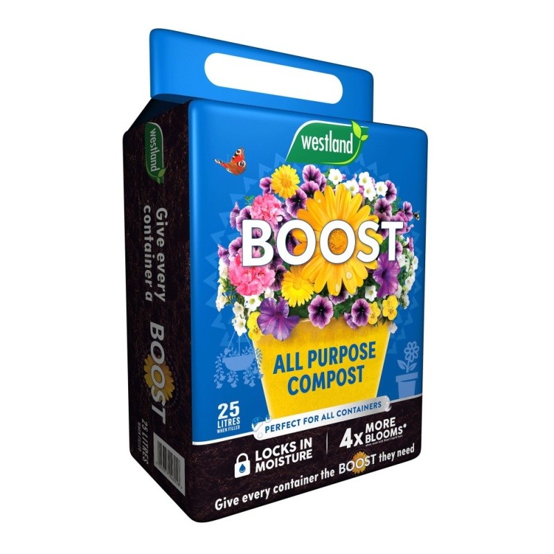 Westland Boost All Purpose Compost Mini Bale, 25L, features a vibrant blue packaging with colorful flowers, a handle for easy carrying, and notes on moisture retention and blooming benefits.