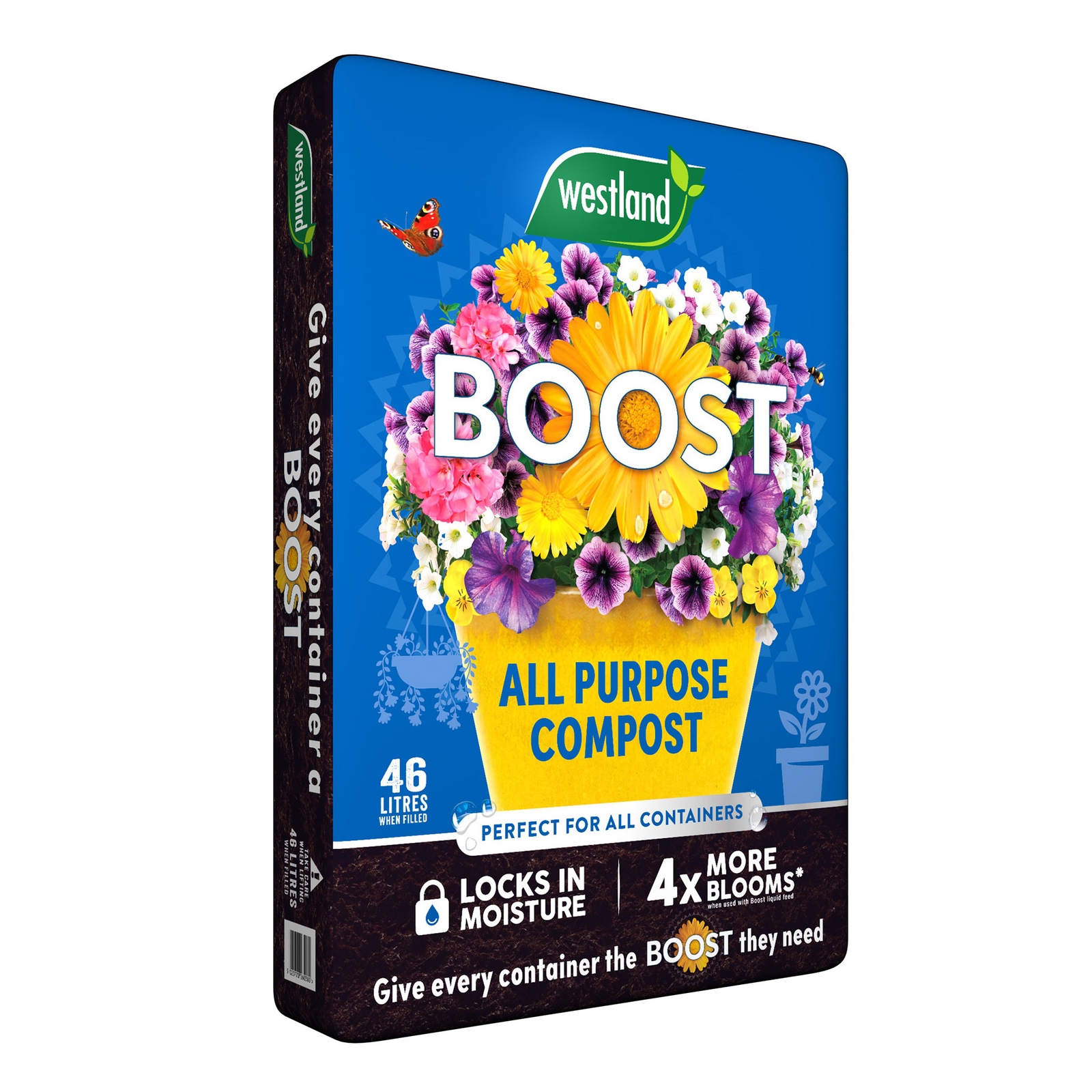 Westland Boost All Purpose Compost 46L bag features vibrant floral graphics, a blue background, and highlights moisture-locking technology for enhanced blooming.