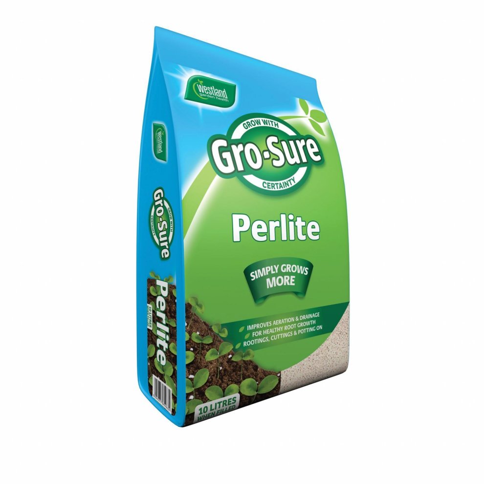 Blue and green bag of Gro-Sure Perlite by Westland, featuring a clear label with the product name, 10L volume, and images of soil and small plants.