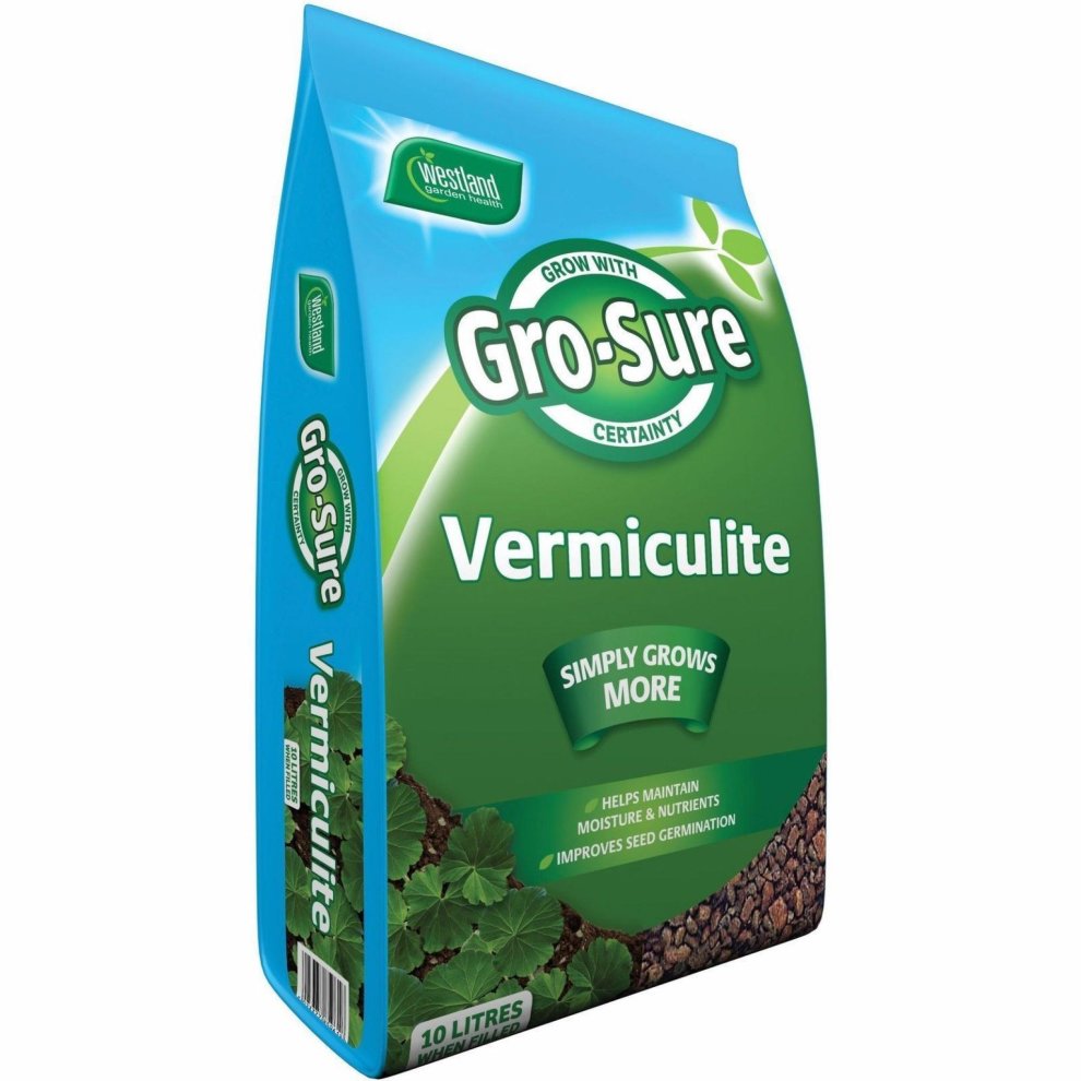 Green and blue bag of Westland Gro Sure Vermiculite, 10L, featuring a large logo and text highlighting benefits for moisture retention and seed germination.