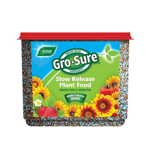 Brightly colored 2kg container of Gro-Sure All Purpose Slow Release Plant Food featuring a red lid, blue granules, and images of sunflowers and strawberries on the label.