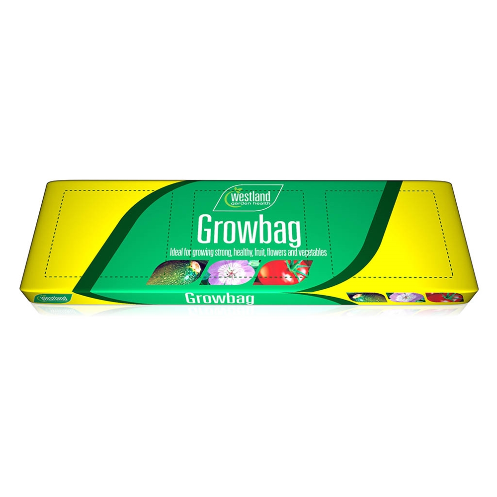 Bright yellow and green packaging for Westland Growbag Medium, 30L, featuring text about growing healthy fruits, flowers, and vegetables, with colorful images of plants on the front.