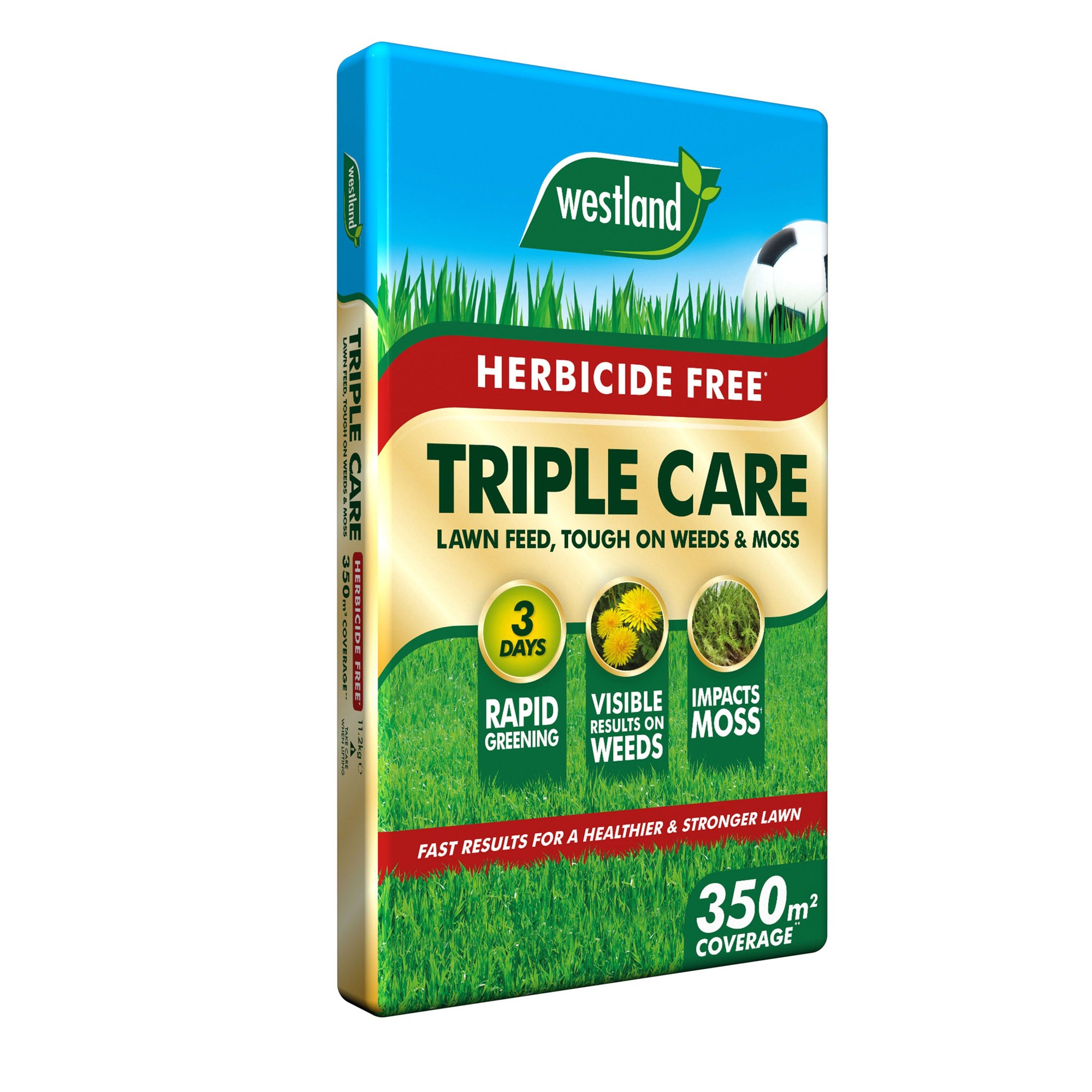 Westland Herbicide Free Triple Care Lawn Feed bag, green and yellow design, features a soccer ball, highlights rapid greening and weed visibility, covers 350sqm.