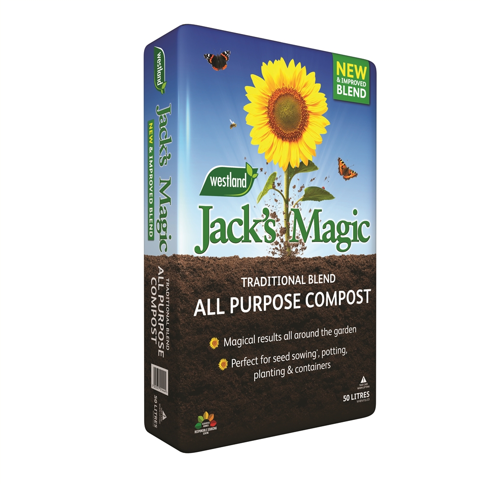Westland Jack's Magic All Purpose Compost in a 50L bag features a vibrant sunflower design, highlighting its traditional blend for gardening use, with a peat-reduced formula.