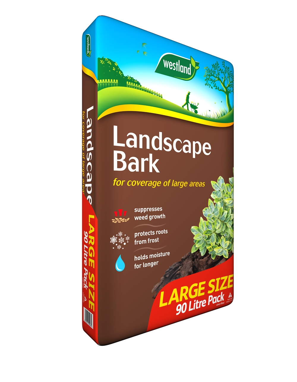 Westland Landscape Bark 90L pack features a brown and green design, highlighting its use for weed suppression, frost protection, and moisture retention in gardens.